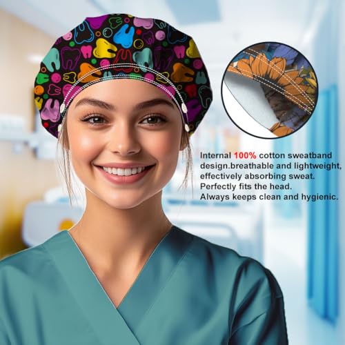 Pack of 2 Scrub Caps with Tooth Pattern, Four Press Studs, Made of Elastic Cotton, One Size, Surgical Hats, Chef's Hat, Unisex Headwear for Women, Men, Medical Care, Kitchen, Housework