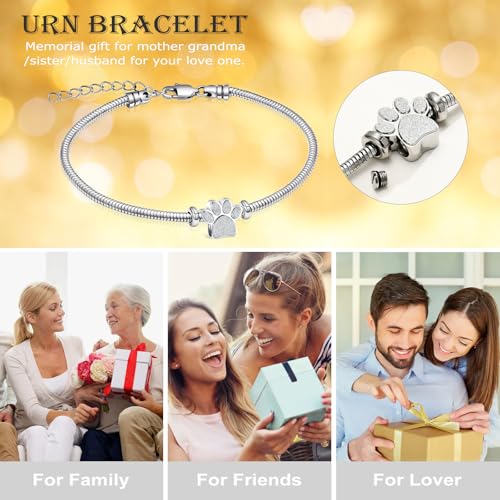 Urn Bracelet for Ashes for Women Men Dog Cat Paw Print Pet Cremation Jewellery Adjustable Memorial Keepsake Snake Link Bracelet silver