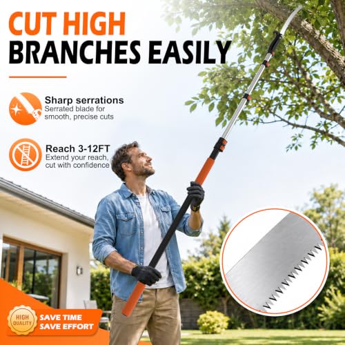 TAIMIGOO 12FT extendable manual pole saw with 3-12FT extension pole for tree pruning in gardens and yards