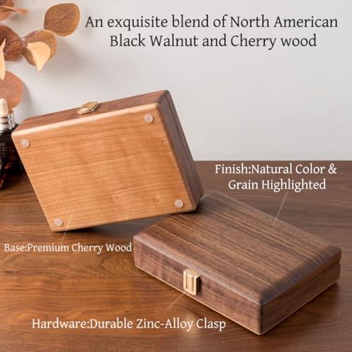 Bescott Black Walnut and Cherry Wood Jewelry Box, Wooden Jewelry Organizer with Metal Clasp, Necklace Hooks, Ring Slots and Velvet Lining for Rings, Earrings and Bracelets, 7.87 x 5.71 In Deep Grey Velvet 7.9" x 5.7" x 2"