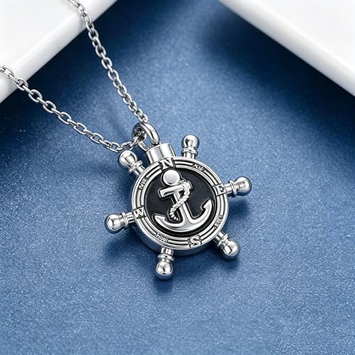 Anchor Compass Heart Urn Necklace for Ashes Cremation Memorial Keepsake Pendant Jewelry for Men Women Dad Brother