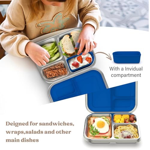 BABHAMNESS Stainless Steel Bento Box Kids, 3 Compartments Leak Proof Metal Bento Lunch Box, 304 Stainless Steel Bento Lunch Containers for School and Office,Dishwasher Safe, BPA-Free-Blue Blue