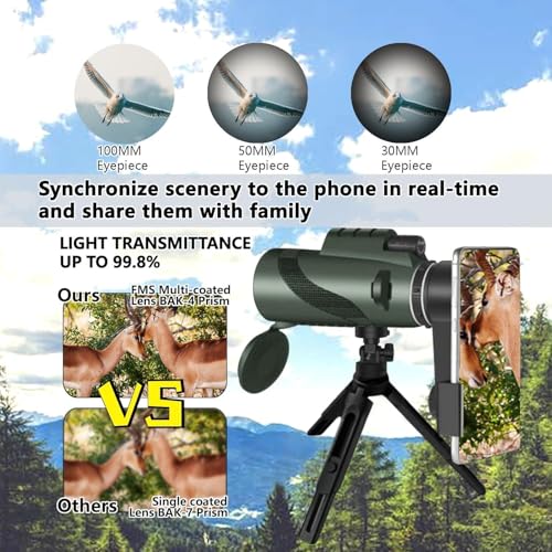 Monocular-Telescope 80x100 High Powered Monoculars High Definition for Adults High Powered with Smartphone Adapter Telescope Hunting Wildlife Bird Watching Travel Camping Hiking-Green Green
