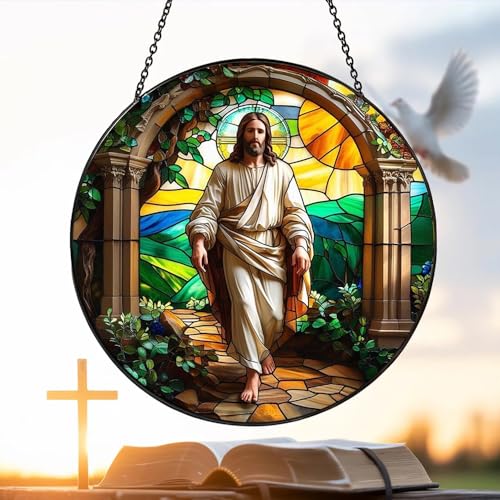 8 Inch Stained Glass Cross Suncatcher for Window Hanging Home Garden Decor Jesus