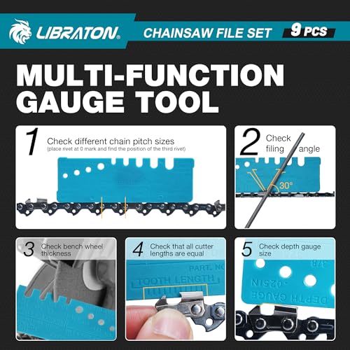 Libraton 9-Piece Chainsaw File, 4.0/4.8/5.5 mm Chainsaws Sharpening | Round file chainsaw, 153 mm flat file, depth gauge, sharpening guide, rail groove cleaner, bag, for chainsaws Pack of 9