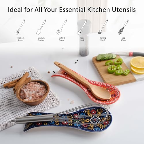 2 pcs Handmade Ceramic Spoon Rest for Kitchen Counter and Stove Top – Large Cooking Utensil Rest, Decorative Spoon Holder for Countertop (Orange-NavyBlue) Orange-NavyBlue