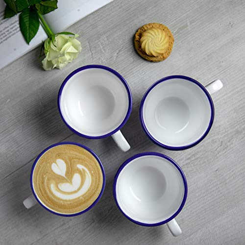 City to Cottage Handmade Dark Navy Blue Stripe Large Ceramic 12oz/350ml Cappuccino Coffee Tea Cup and Saucer, Unique Designer Pottery for Tea Lovers