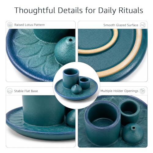 4 in 1 Ceramic Incense Holder, Palo Santo Stick Holder, Sage Holder for Burning, 5.2" Ash Catcher Tray for Meditation, Yoga & Home Decor (Blue) Blue