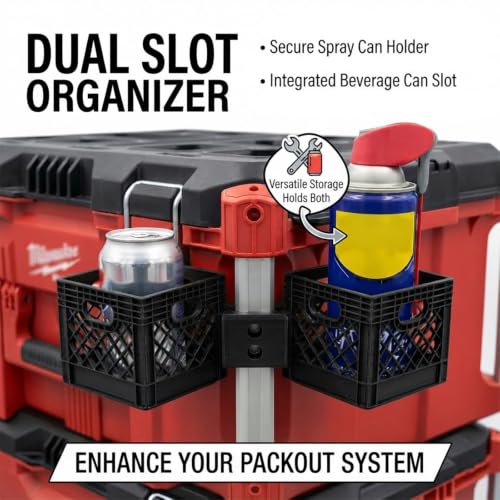 Double Milk Holder Compatible with Milwaukee Packout System, Dual Drink and Spray Can Organizer for Toolbox Side Mount, Workshop and Jobsite Storage Accessory