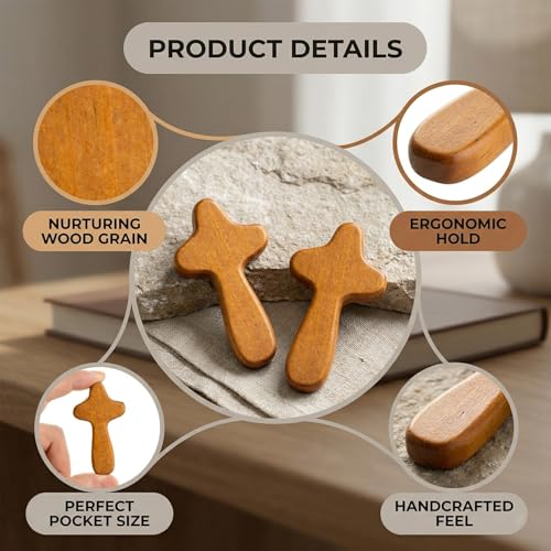 wellrun 2PCS 10CM Handheld Olive Wood Cross,Mini Natural Wood Grain Comforting Religious Cross for Prayer,Meditation,and Reflection,Gift for Men & Women