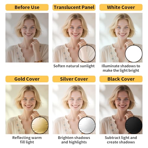 24/32/43/52in Light Reflectors for Photography, 5 in 1 Light Diffuser with Panel & Bag Reflector Photography, Ideal for Content Creator Essentials&Photographer in Silver,Gold,White and Black 32inch/80cm
