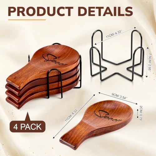 4 Pcs Wood Spoon Rest for Stove Top with Coaster Holder Wooden Spoon Holder Black Metal Storage for Spatula Ladles Tong Cooking Accessories Housewarming Gifts Modern Farmhouse Table Decor