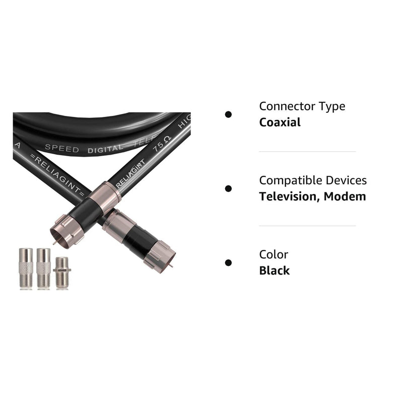 [Australia - AusPower] - 50FT RG6 Coaxial Cable with F Connector, F81 Female Extender Adapter, Low Loss High Speed Coax Cable Cord Extender for HD TV, Dish, Satellite, Antenna, TV Cable (50Feet, Black) 50 FT 