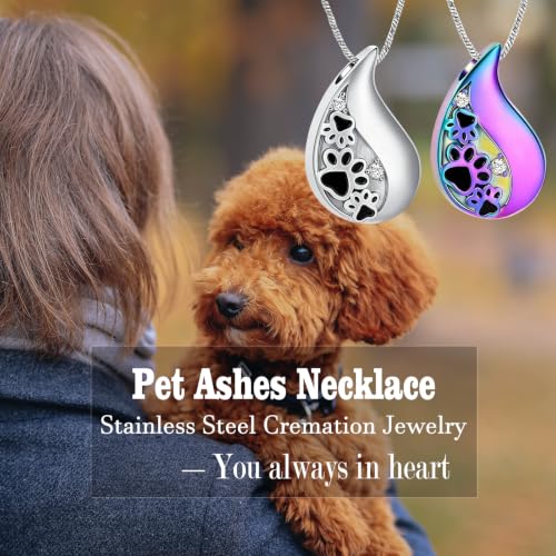 Yinplsmemory Pet Paw Print Teardrop Urn Necklace for Ashes for Dog/Cat Ashes Keepsake Memorial Pet Cremation Jewelry Rainbow