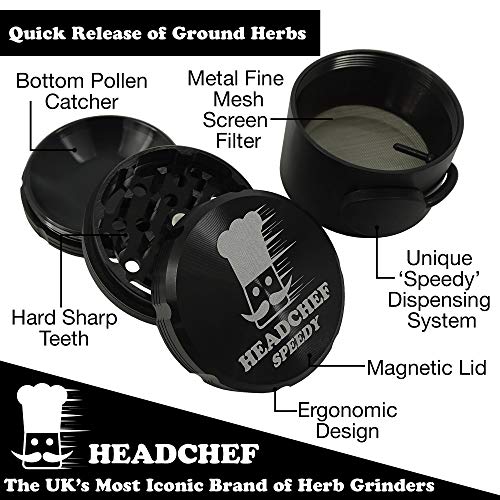 Headchef Speedy 50mm, 4 Piece Grinder, Quick Release of Herbs, Metal Herb Grinder with Sifter Scraper (Black) Black