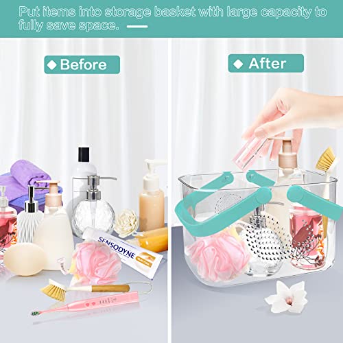 Two FODIENS plastic shower caddy baskets in white and cyan, designed for bathroom organization and storage.