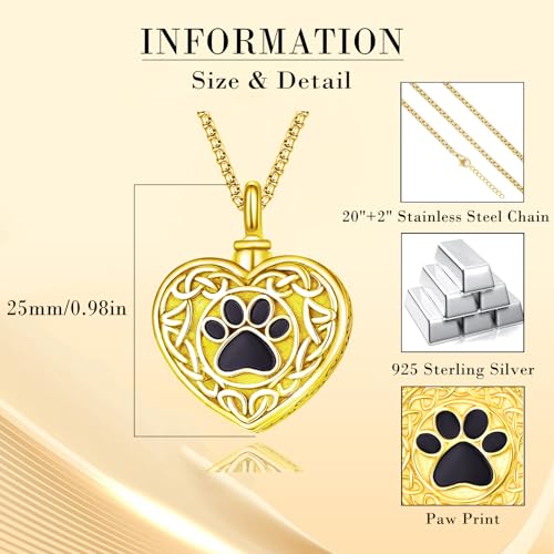 Pet Cremation Urn Necklace for Dog Cat Ashes 925 Sterling Silver 18K Gold Plated Paw Print Memorial Pendant Celtic Knot Keepsake Jewellery for Women Men 01B-Heart