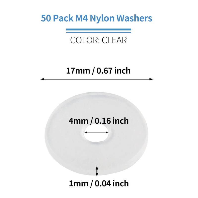 [Australia - AusPower] - 50 Pack M4 Nylon Washers Clear Flat Washer, 4mm ID 17mm OD 1mm Thickness Faucet Plastic Gasket, Metric Transparent Gasket Sealing Washer Spacer Flat Hose Washer for Water Pipe Water Hose M4x17mmx1mm 50 