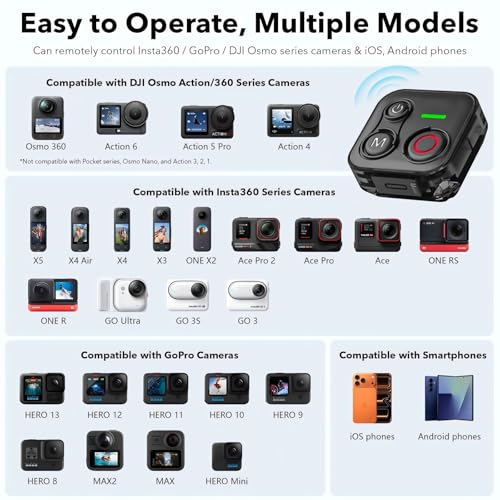 Bluetooth Remote Control for DJI Osmo 360, Osmo Action 6/5 Pro/4, for insta360 GO Ultra/GO 3S/X5/X4/X3/Ace - 164ft Range, Compatible with iPhone 12-17 Pro Max, Hero 8-13, Android Phones