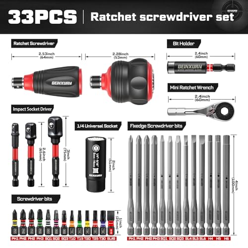 GEINXURN 33-piece impact magnetic screwdriver set with stubby ratchet handle, sockets, bit holder and square adapter