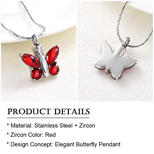 constantlife Cremation Jewelry for Ashes, Crystal Stone Butterfly Shape Stainless Steel Pendant Urn Necklace Keepsake for Women Red