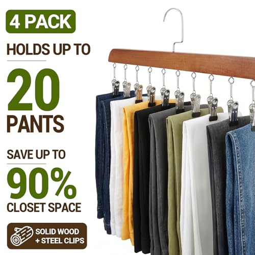 4-Pack Pants Hangers with Clips – 10 Clips Each, Space Saving Closet Organizer Hanger for Leggings, Jeans, Hats, Shorts, Belts, Scarves – Closet Organizer (4, Brown) 4