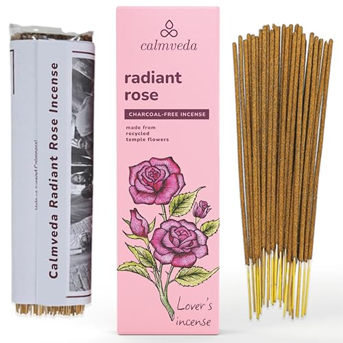 CALMVEDA, Radiant Rose Incense with Rosewood Incense Holder (80 Sticks +1 Holder) | Beautiful Natural Incense and Holder Combo for Home Decor and Spiritual Practice