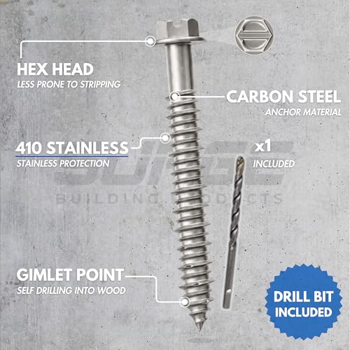 SURGE BUILDING PRODUCTS 1/4 x 1-1/4 inch hex 410 stainless steel concrete screws with bit, box of 100