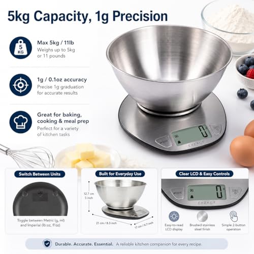 Exzact Digital Kitchen Scale with Stainless Steel Mixing Bowl, 5kg Ex4350