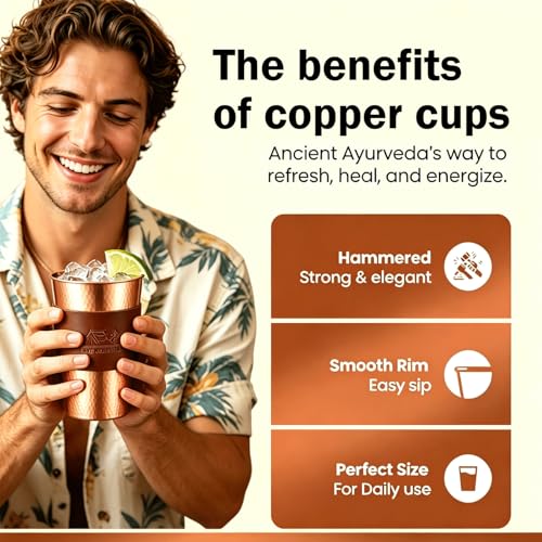 13.5 oz Copper Cups - Hammered Ayurvedic Pure Copper Drinking Cups with Heat-Resistant Leather Sleeves - Promote Detoxification and Maintain Health, Suitable for Yoga, Meditation or Camping. (1) 1