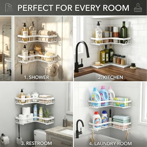 2 Pack L-Shaped Corner Shower Caddy, Rustproof Stainless Steel Adhesive Shower Shelf with Hooks, No Drill Wall Mounted Bathroom Organizer, Shampoo, Soap & Accessories Holder for Shower Storage, White 2