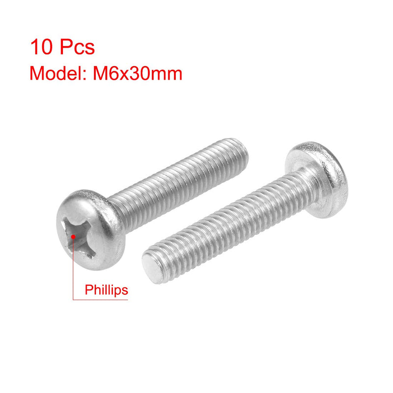 [Australia - AusPower] - uxcell M6x30mm Machine Screws Pan Phillips Cross Head Screw 304 Stainless Steel Fasteners Bolts 10Pcs 