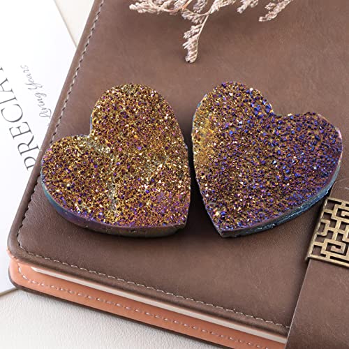 SUNYIK Heart Purple/Gold Rainbow Titanium Coated Rock Quartz Cluster Druzy