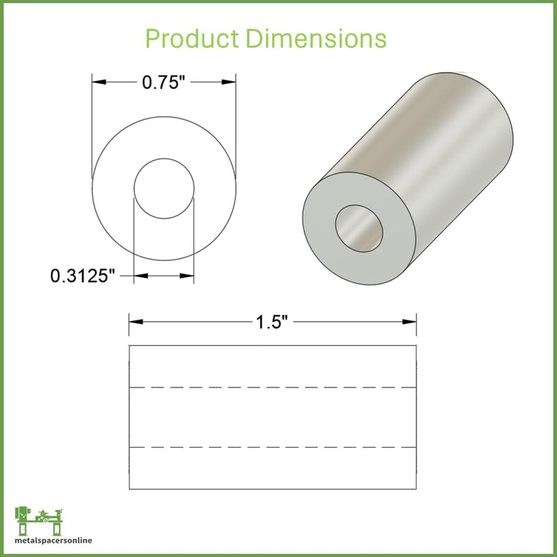 Metal Spacers Online aluminum round spacer, 3/4-inch OD x 5/16-inch ID x 1-1/2-inch long, plain finish, 10 pack