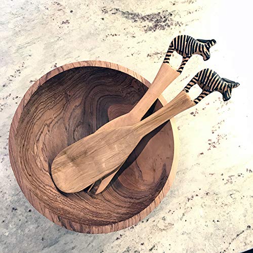 Global Crafts Hand Carved Mhugu Zebra Salad Serving Set - Wood Flatware, Set of 2