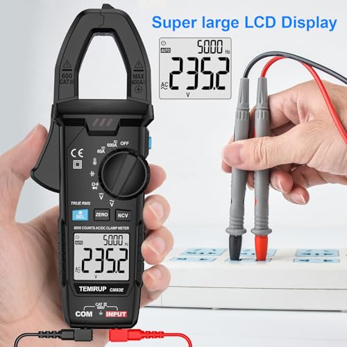 Temirup Clamp Meter 6000 Counts TRMS, 600A AC/DC Amp Meter and Multimeter Tester in black