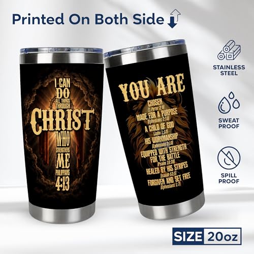 Christian Fathers Day Gift, Christian Gift for Men, Coffee Tumbler with Bible Verse - I Can Do All Things Through Christ, Religious Mugs for Men, Pastor Tumbler, Christmas Man of God Gifts Christian 01