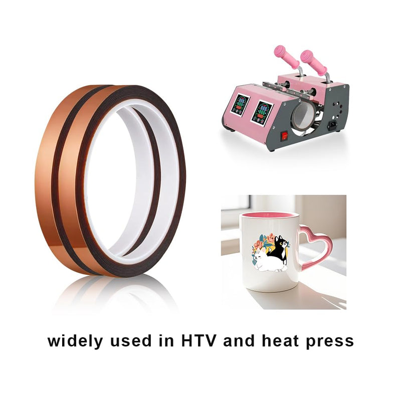 Heat Tape for Sublimation, 2 Rolls 0.5 Inch x 108Ft Polyimide Heat Resistant Tape, High Temp Thermal Tape for Heat Press Soldering, No Residue Heat Transfer Tape for Circuit Board 3D Printing 10MM