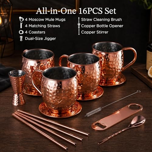Kitessensu 16-PC All-in-One Moscow Mule Mugs Set, 17 oz Copper Cups Kit 16PC All-in-one Set