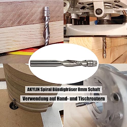 Spiral Flush Cutter 8 mm Shank, Up Cut Spiral Cutter for Router, 8 mm Cutting Diameter, 28.6 mm Cutting Length Spiral Grooved Double Ball Bearing Wood Cutter for Cutting Wood 8x8x28.6mm Up-cut