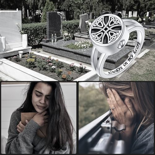 Celtic Urn Ring S925 Sterling Silver Always in My Heart Cremation Urn Ring for Ashes Keepsake Cremation Jewelry Memorial Rings for Women Cross R 1/2