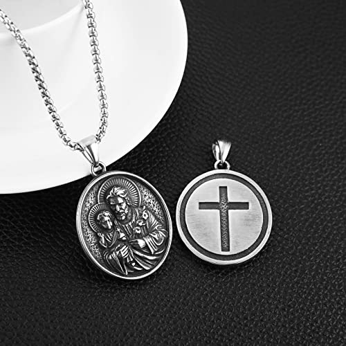 HZMAN Stainless Steel Joseph/Mary/Jesus Medal Necklace for Men Women Silver St Joseph