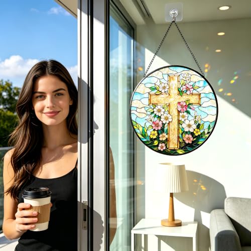 Floral Cross Stained Glass Suncatcher, Christian Flower Cross Window Hanging Ornament with Metal Chain, Religious Spiritual Home Decor Gift