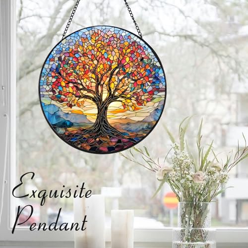 Stained Glass Tree of Life Suncatcher - 7.9" Real Glass Rainbow Mosaic Window Hanging, Weatherproof Spiritual Zen Decor, Vibrant Family Roots Housewarming Gift for Mom Grandma Women Yellow
