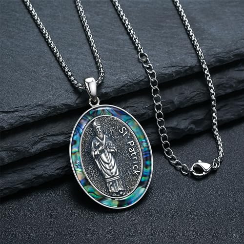 St Patrick Necklace for Men 925 Sterling Silver Saint Medals Patron Saint Patrick Religious Catholic Medal Protection Amulet Necklace Talisman Jewellery Gift Christmas for Men Women