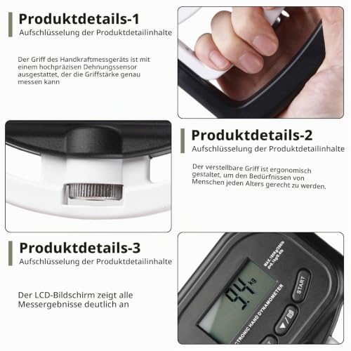 Digital Hand Strength Meter Hand Dynamometer: 396 lb/180 kg Electronic Grip Strength Gauge, LED Display Grip Strength Trainer with USB Charging Cable, Intelligent and Sensitive (Black)