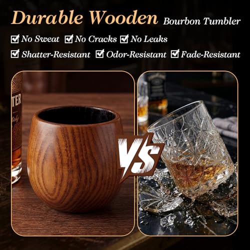 ENLOY Charred Wooden Bourbon Drinking Glass Set with Ice Stones & Tongs