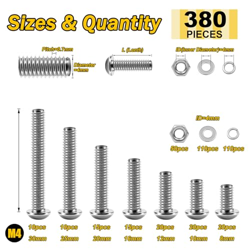 MYWISH M4 screw and bolt assortment kit with 304 stainless steel button head bolts, nuts, washers, and hex wrenches