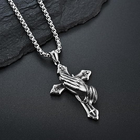 Praying Hand Cross Necklace for Men Stainless Steel Retro Small Prayer Hands Pendant Men Women for Christian Cross Jewelry Gift