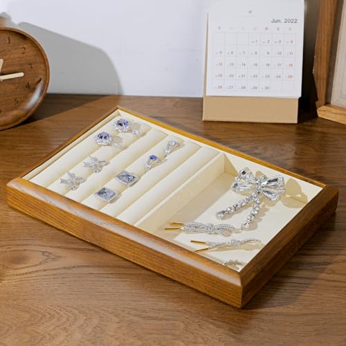 2-in-1 Wood Ring Tray, Open Compartment Drawer Jewelry Organizer 2 Grid
